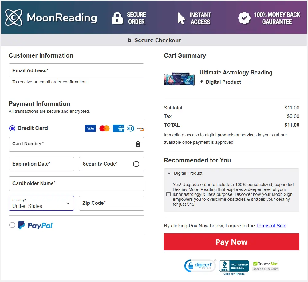 Moon Reading checkout page